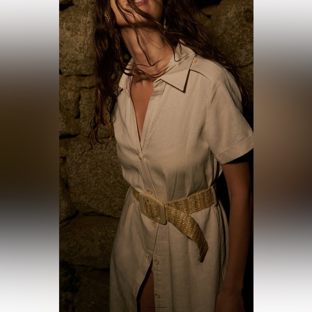 ZARA BELTED LINEN BLEND MIDI DRESS